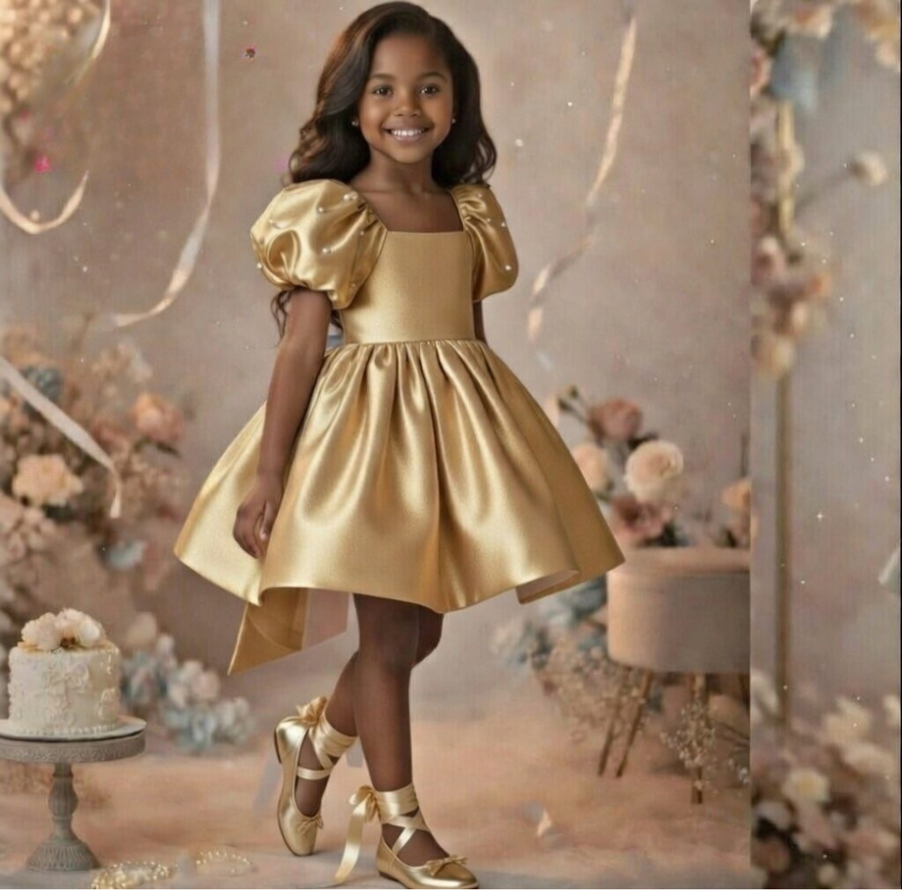 Girls’ Satin Puff Sleeve Party Dress – Signature Edition