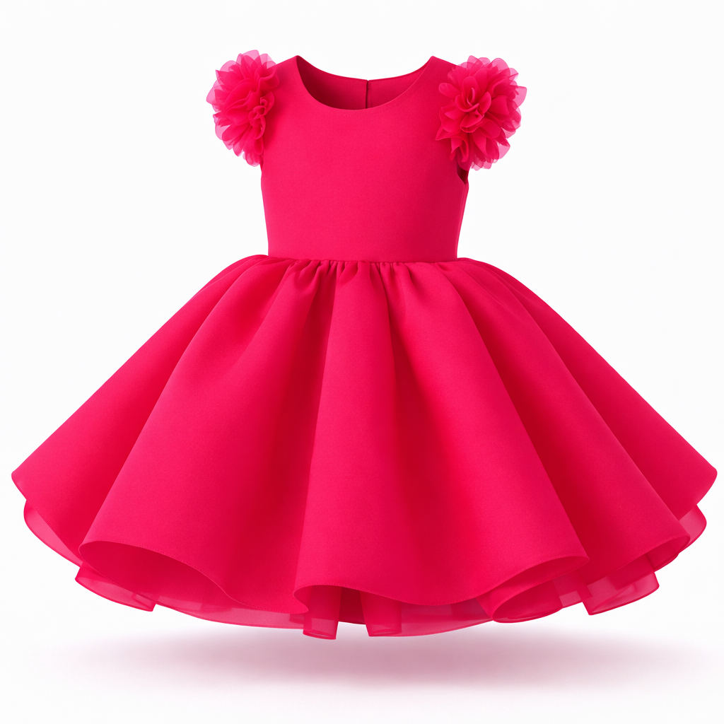 Girls’ Floral Shoulder Tulle Party Dress – Hot Pink