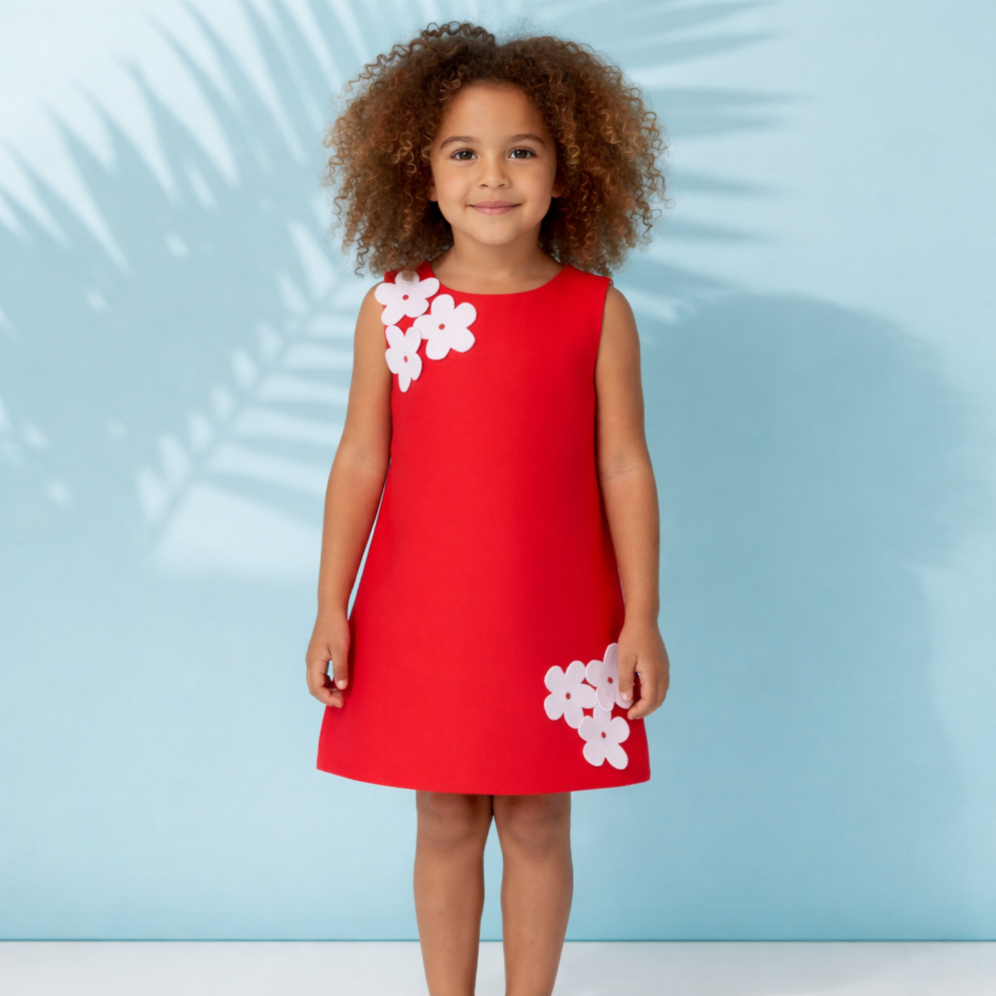 Floral Appliqué Shift Dress – Classic Red