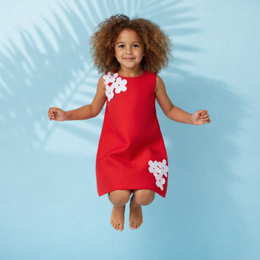 Floral Appliqué Shift Dress – Classic Red