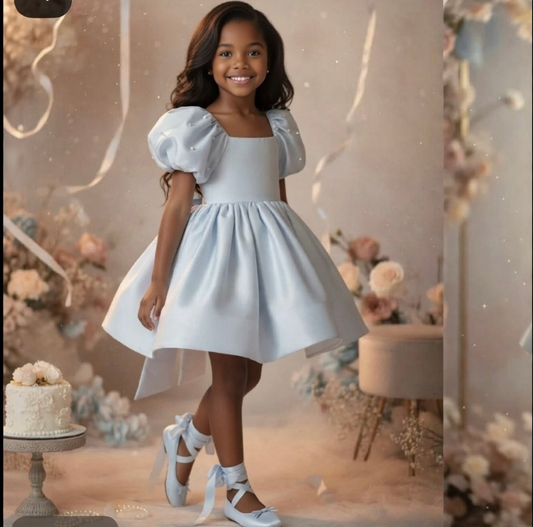 Girls’ Satin Puff Sleeve Party Dress – Signature Edition