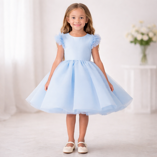 Light Blue Tulle Party Dress with Floral Shoulder Detail