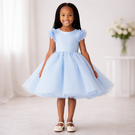 Light Blue Tulle Party Dress with Floral Shoulder Detail