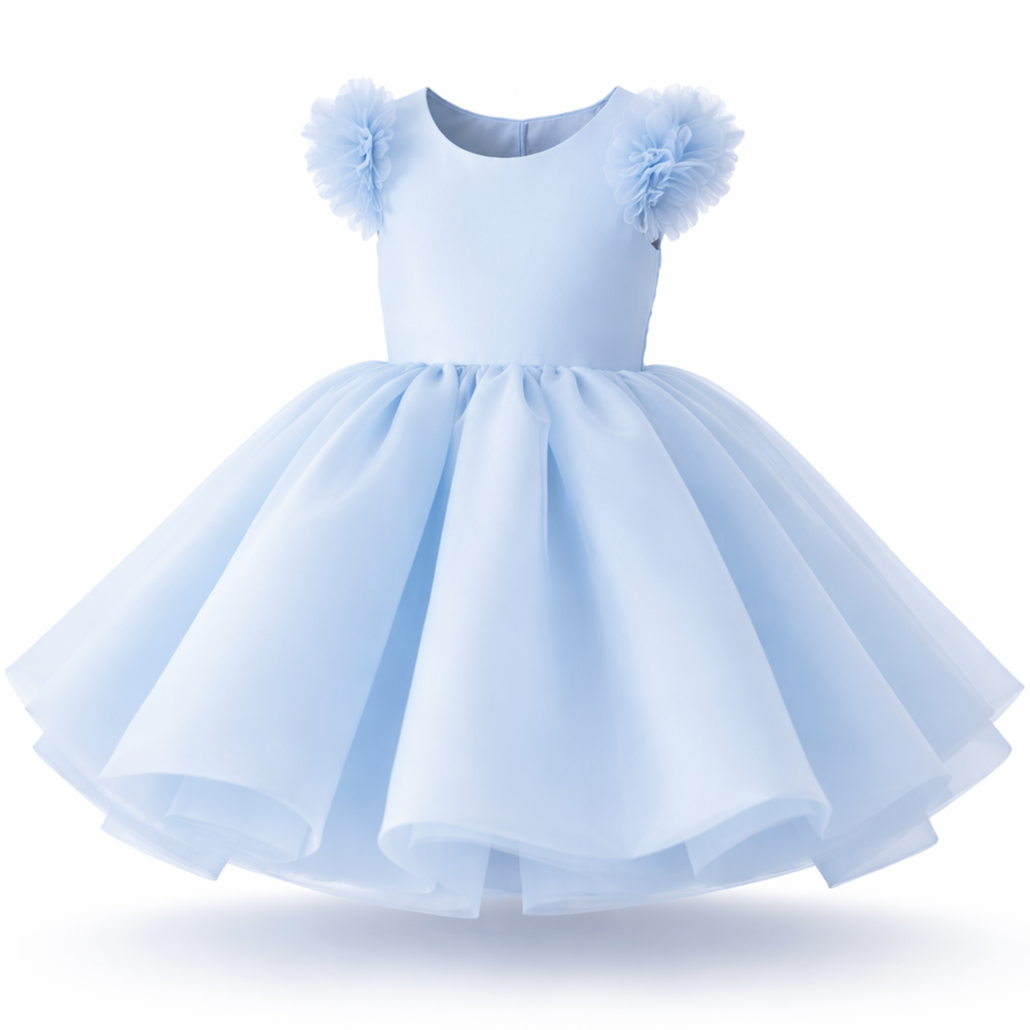 Light Blue Tulle Party Dress with Floral Shoulder Detail