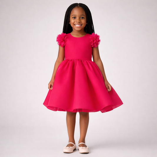 Girls’ Floral Shoulder Tulle Party Dress – Hot Pink