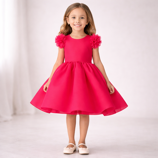 Girls’ Floral Shoulder Tulle Party Dress – Hot Pink